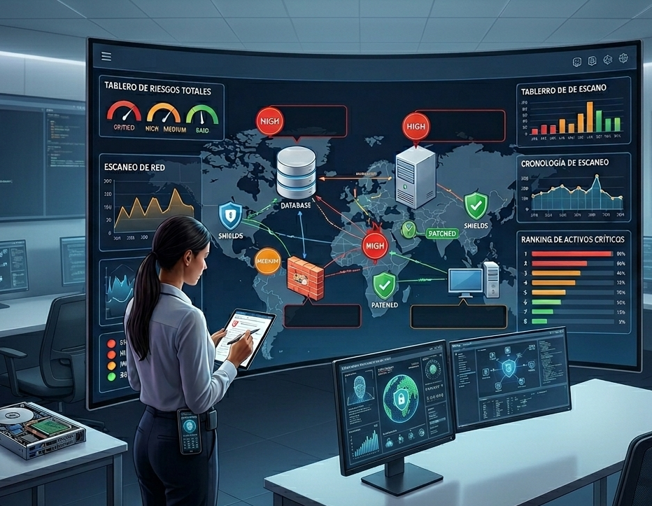 Especialista en ciberseguridad analizando un panel de control con mapas de riesgo y escaneo de vulnerabilidades en tiempo real, representando informes técnicos y cumplimiento de normativas de seguridad informática.
