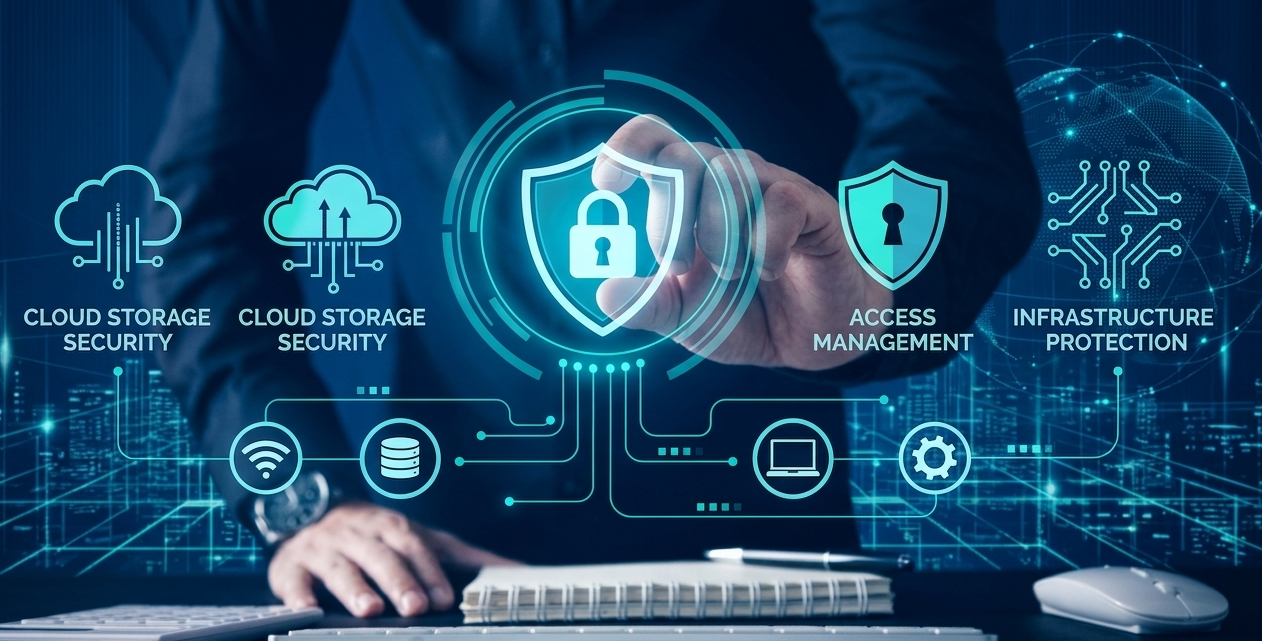 Representación visual de un profesional de ciberseguridad interactuando con una interfaz digital de gestión de accesos, seguridad en la nube y protección de infraestructura TIC, ideal para servicios de auditoría informática.