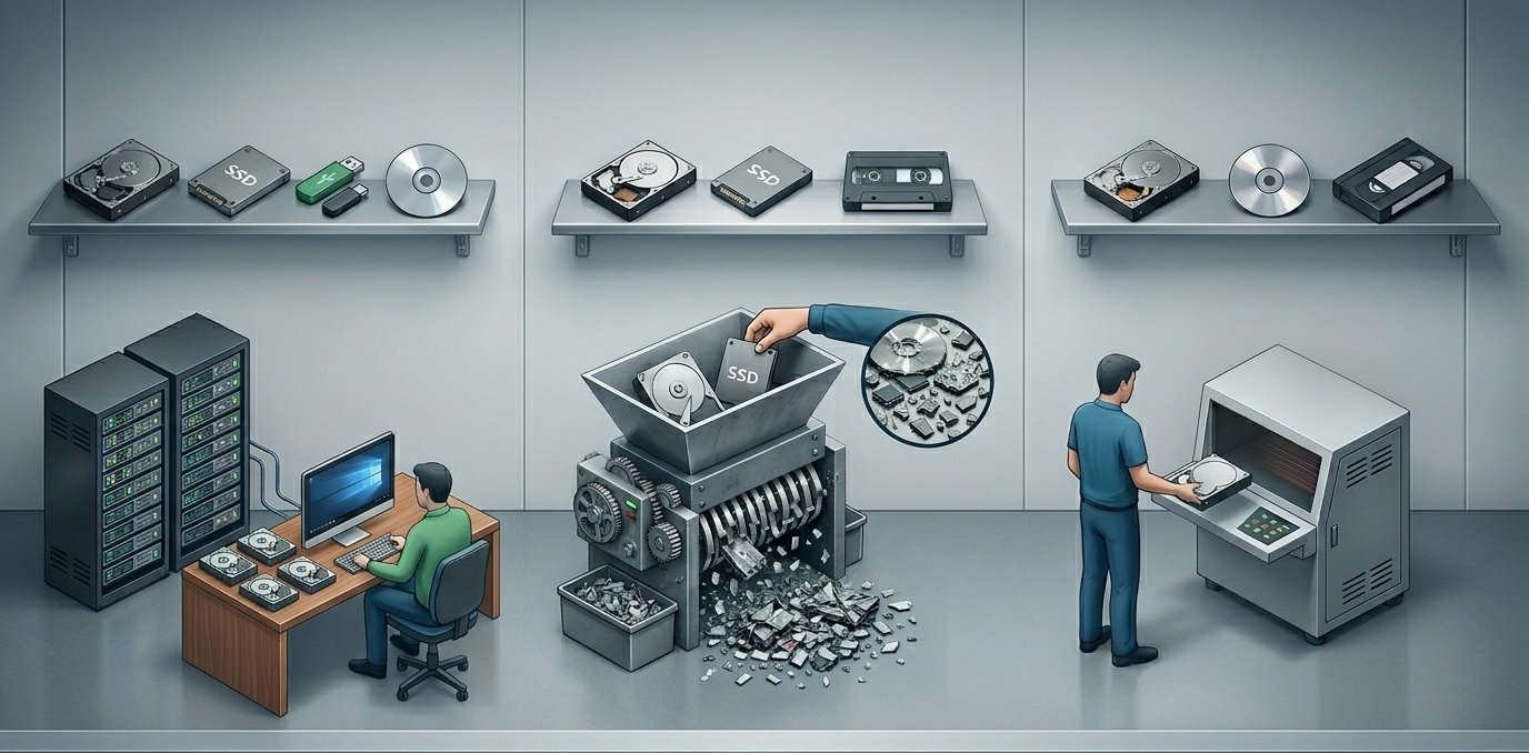 Infografía realista que muestra tres métodos de destrucción de datos: borrado de software mediante servidores (Wiping), destrucción física de discos duros y SSD con maquinaria industrial (Shredding) y desmagnetización de soportes magnéticos (Degaussing) en un entorno de laboratorio técnico.
